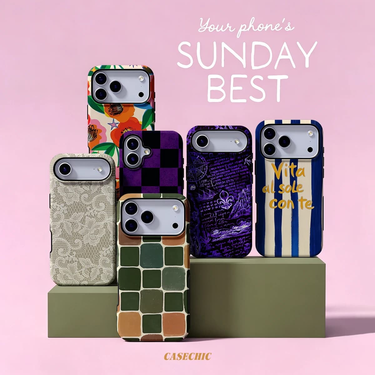 Vintage Tile For Case For iPhone 17 16 15 14 Plus 13 Pro Max Shockproof Hard PC Flower Cover