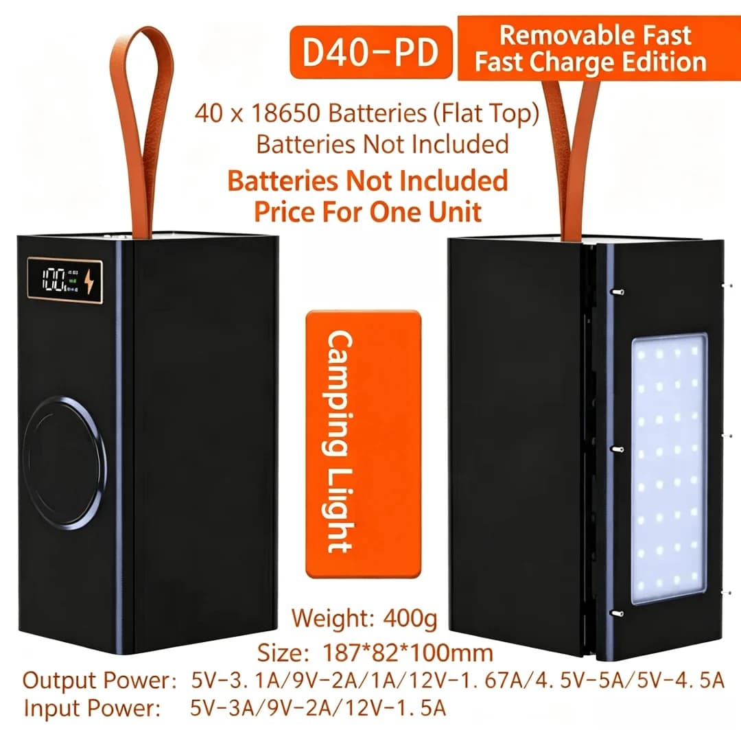 40*18650 DIY Power Bank Case Batteries Power Box Regular/PD Camping light Version Shell Batteries Power Shell