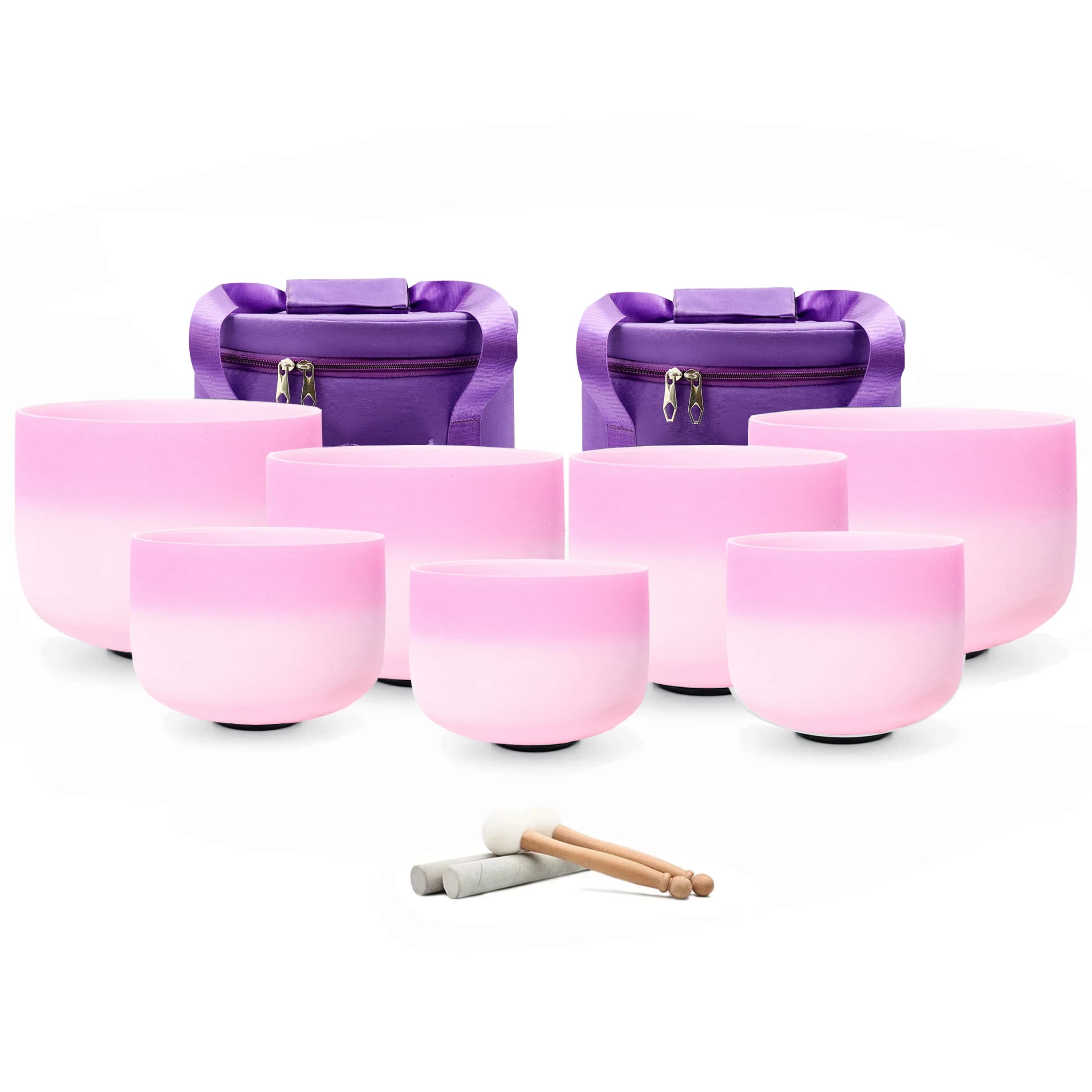 Hye-eun Pink-pink 8-14/7-13 inch Large Size Frosted Quartz Chakra Crystal Singing Bowl Set of 7pcs with Carry Bags