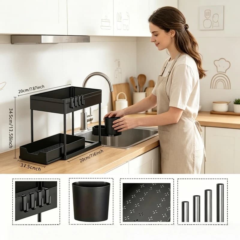 2026 New Under-Sink Organizer 2 Tier 360 ° Rotating Dish Drying Rack with Drainboard Utensil Holder No-Drill Metal Kitchen