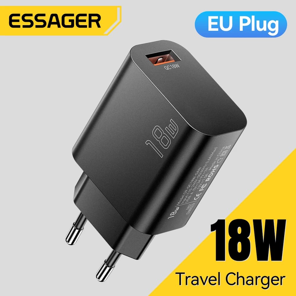 Essager 18W QC3.0 USB A Caricatore USB Quick Charge 3.0 Caricatore da muro veloce per Samsung S24 Huawei Xiaomi iPhone Caricatore per telefono cellulare