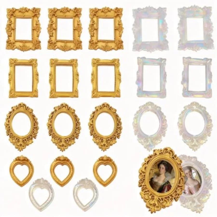 20 Pcs Vintage Mini Frames Bulk, 12 Antique Gold and 8 Crystal Holographic Resin Frames, Small Baroque Ornate Picture Frames fo