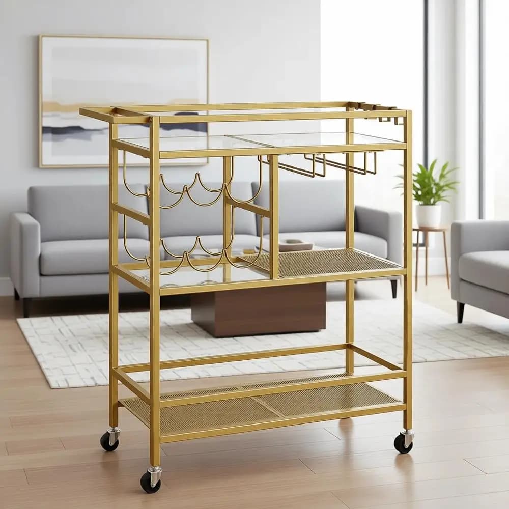 Carrello di Servizio a 3 Ripiani con Portabottiglie e Portabicchieri per Casa, Sala da Pranzo, Cucina - Oro