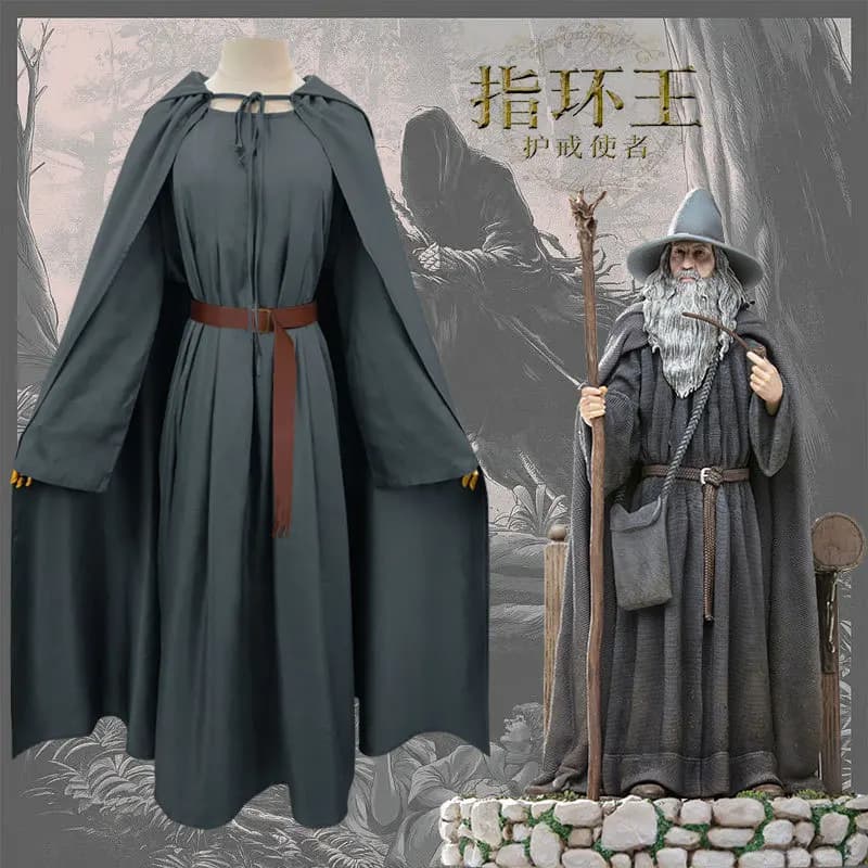 Anime Gandalf Wizard Costume Cosplay Hobbit Lungo mantello grigio Tuta con cintura per cappello Vestito operato da Halloween per uomo