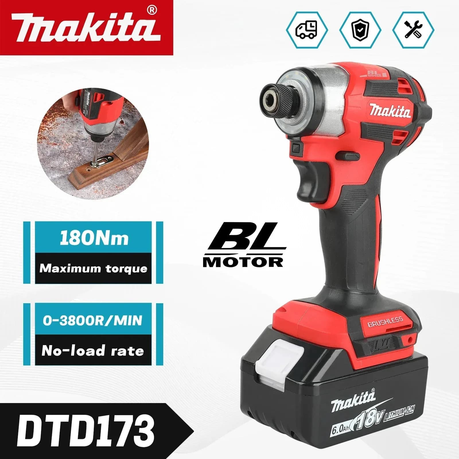 Avvitatore a impulsi Makita DTD173 180Nm 18V Brushless con luce ad anello, coppia massima, utensile elettrico a batteria per viti, bulloni, legno e fai da te domestico