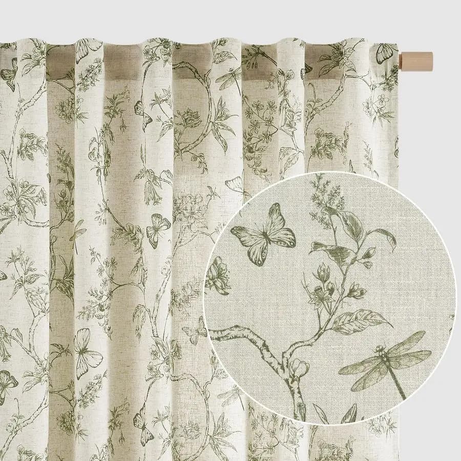 Charlotte Verdi Floral Curtains, length 84 Inches, in Lino Rustic Style, with Poster Languages, for Living and Bedroom, Filtranti la Luce