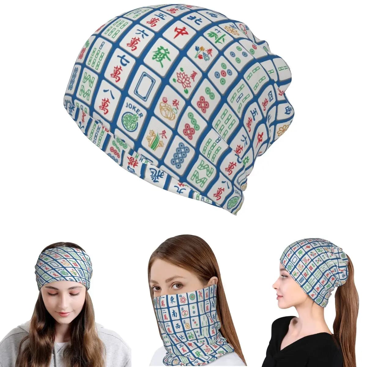 Mahjong Tiles On Blue Bandana Copricollo Maschera Sciarpa Copricapo caldo Berretti Cappello Unisex Adulto Invernale