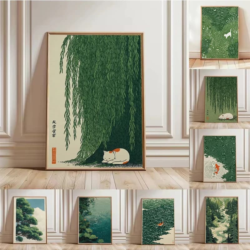 1pc frameless Retro Japanese Forest Koi Fish Zen Water Painting Canvas Poster Cat Under Willow Tree Wall Art Printing for Peacef
