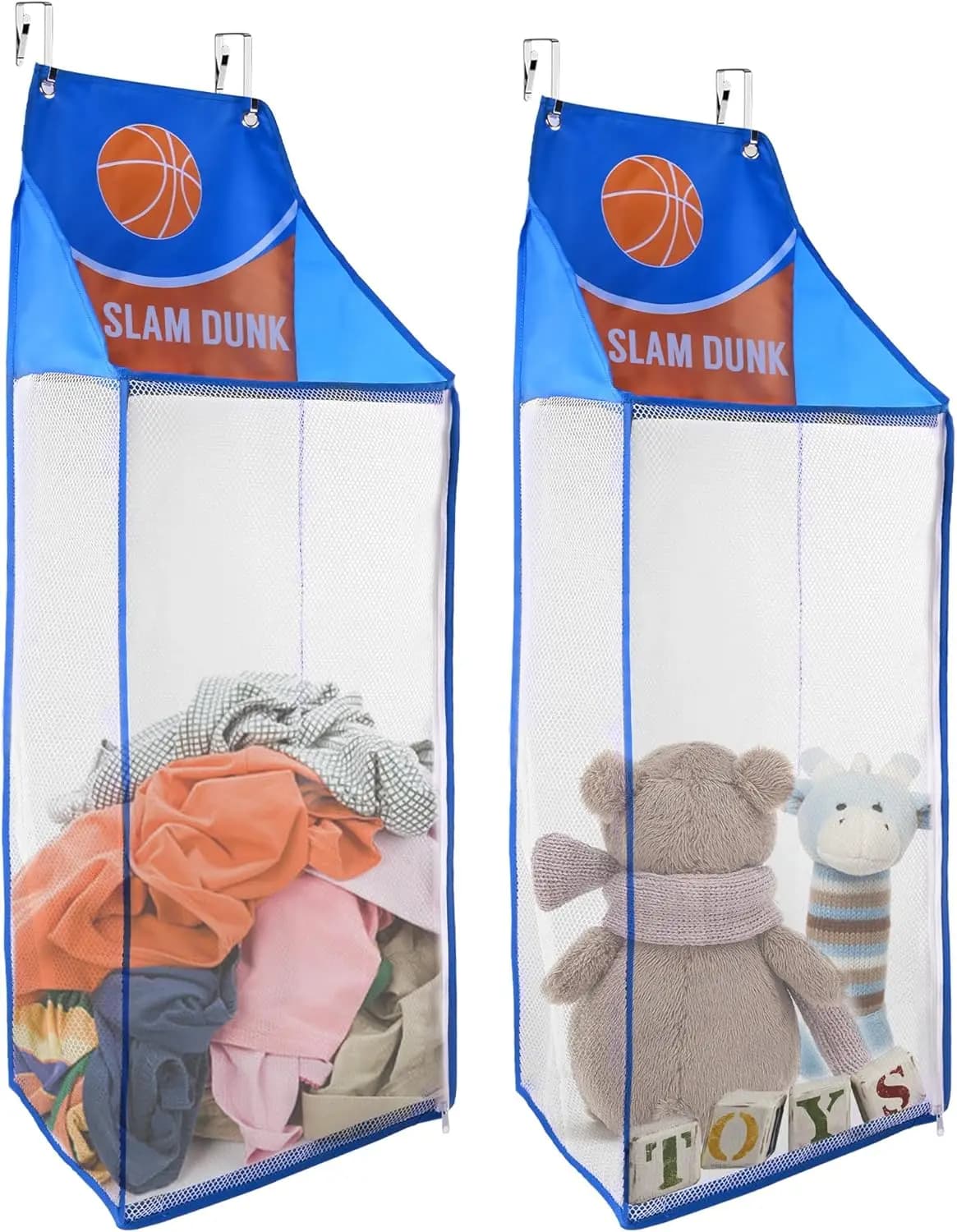 Set di 2 Cesti Portabiancheria da Appendere Sopra la Porta, Cesto a Rete Stile Pallacanestro con Cerniera, Pieghevole Salvaspazio per Vestiti, Giocattoli, Asciugamani