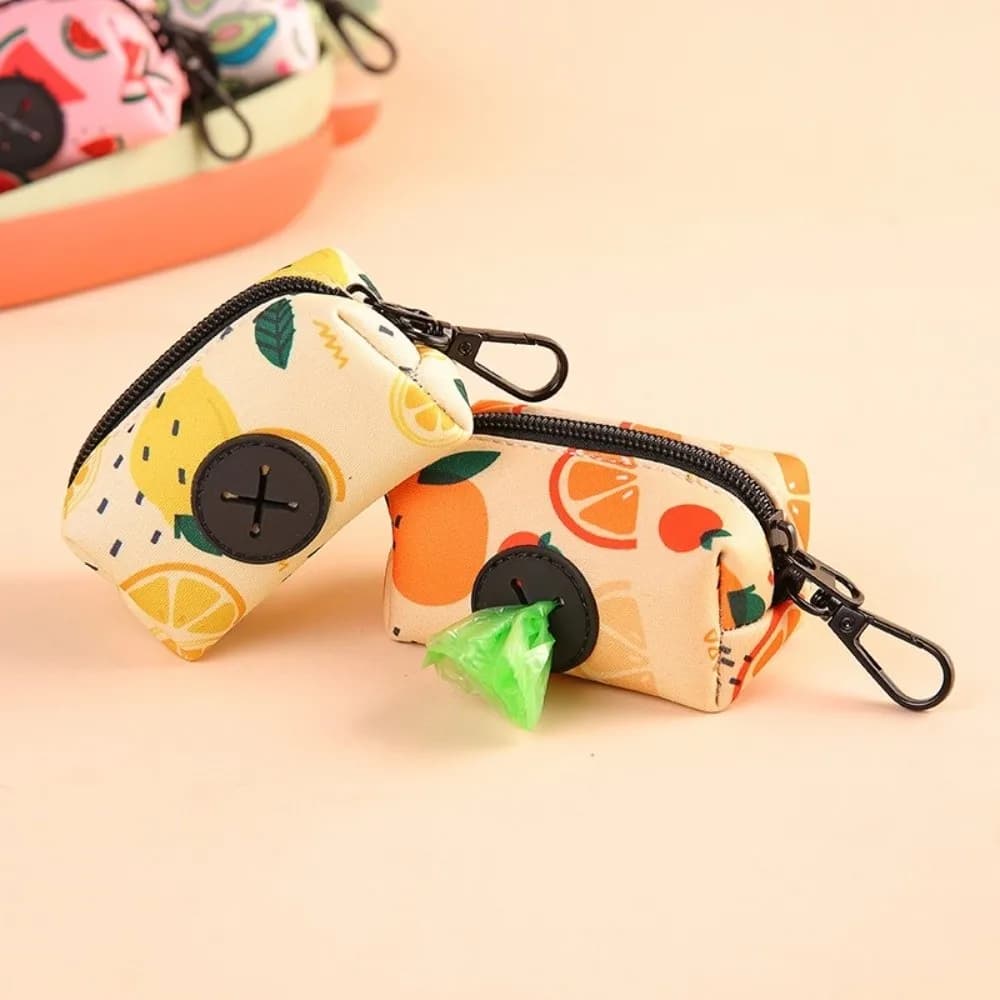 New Cute Fruit Pattern Dog Poo Bag Holder Waterproof with Buckle Waste Bag Holder Zipper Poo Bag Dispenser for Dog Leash