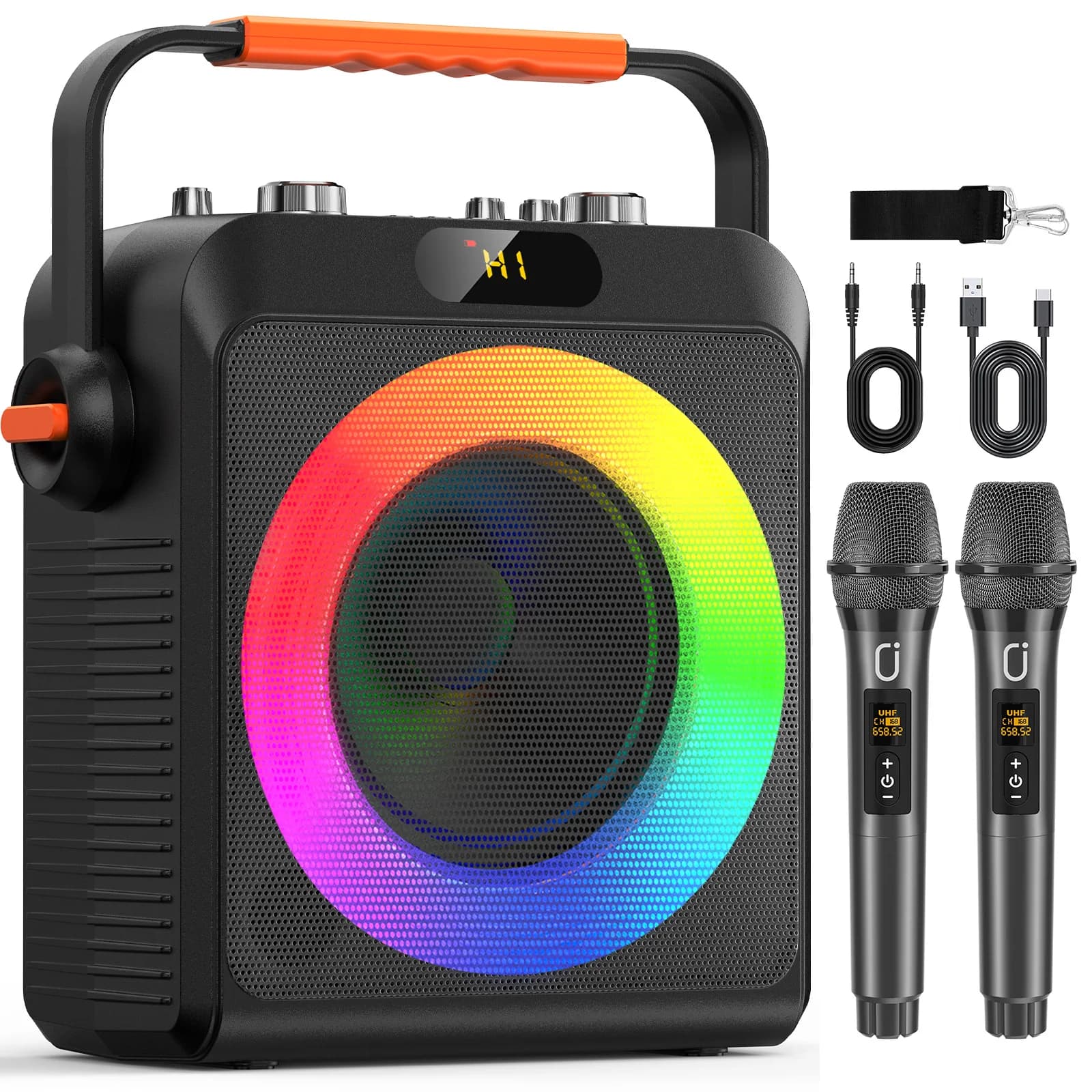 Macchina per karaoke T19-T con 2 microfoni wireless | Altoparlante Karaoke nero con regolazione degli alti/bassi, sistema PA con altoparlante wireless
