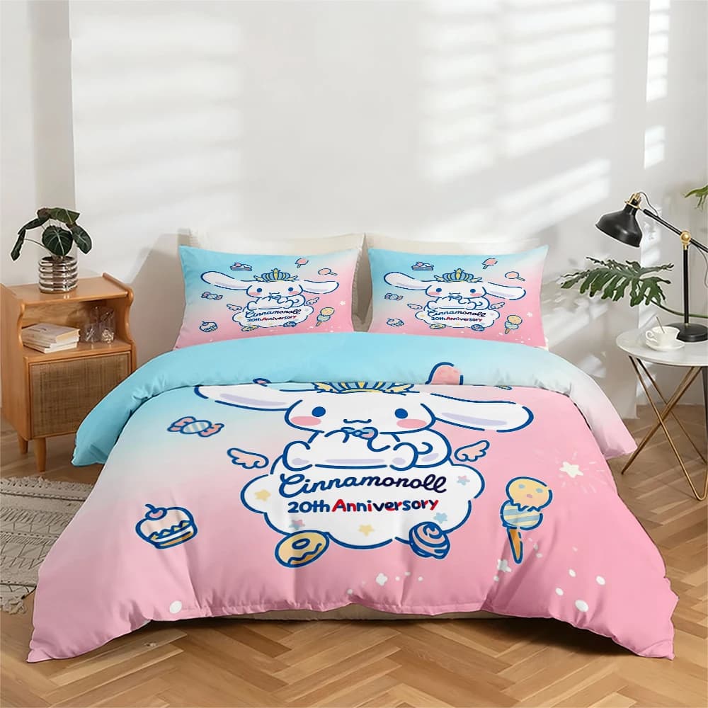 Set di biancheria da letto con stampa digitale ad alta definizione, 3 pezzi, Cinnamoroll 20th Anniversary Edition, set copripiumino con motivo a cartoni animati, set copripiumino floreale grande, include 1 copripiumino + 2 federe, adatto per camera da letto, camera degli ospiti, decorazioni per la casa, copripiumino + federa in fibra di poliestere, biancheria da letto ultra morbida, tessuto spesso, adatto a tutte le stagioni, lavabile in lavatrice