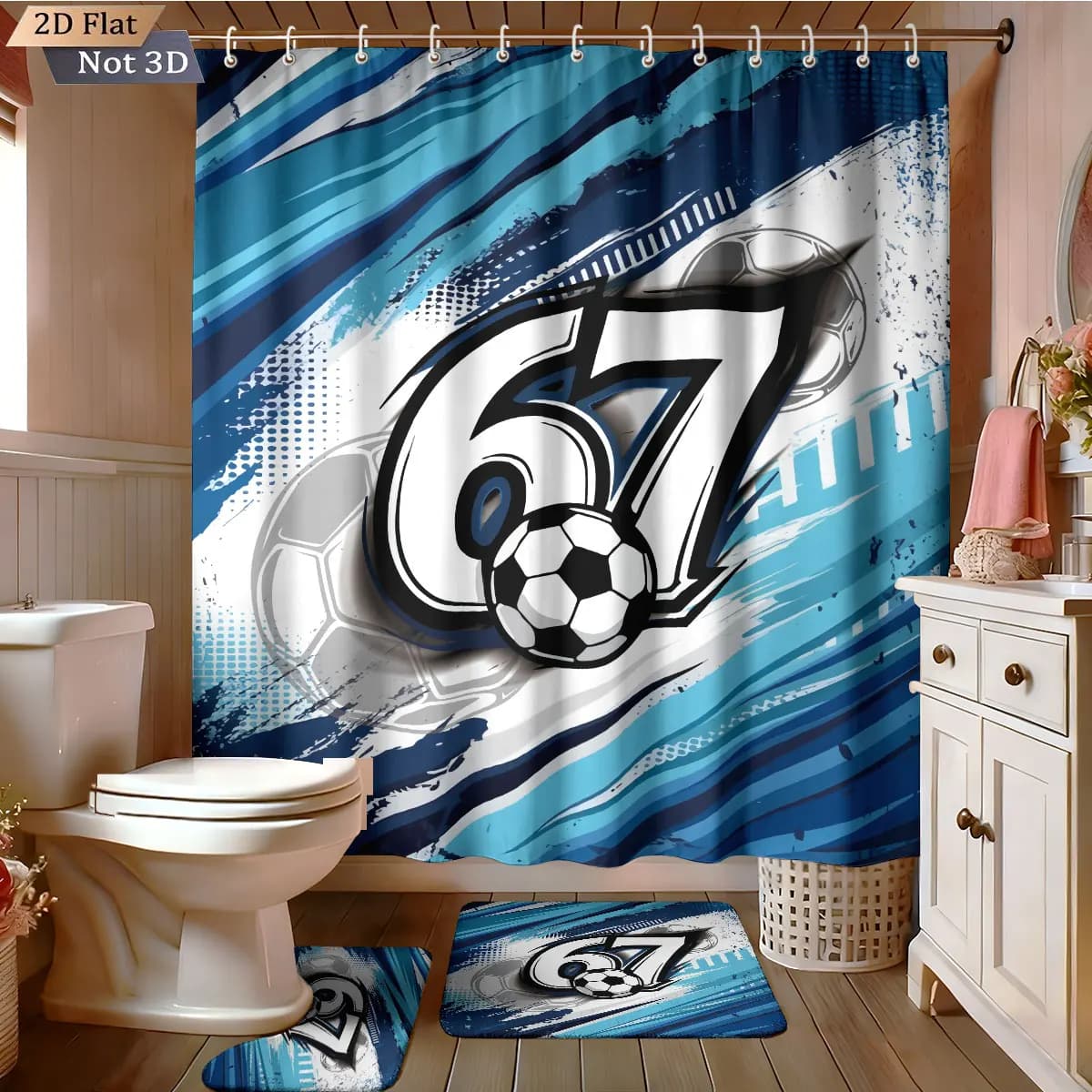 Bathroom set 4 Pieces with Football Printing 67 Elements, Shower Curtain Waterproof 180x180, Mat, U Mat, Toilet Mat
