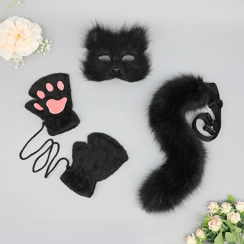 Maschera di Volpe in Peluche a Mezzo Volto, Coda di Gatto, Guanti con Dita Scoperte e Artigli di Gatto in Pelliccia Sintetica, Accessori per Feste in Maschera e Cosplay