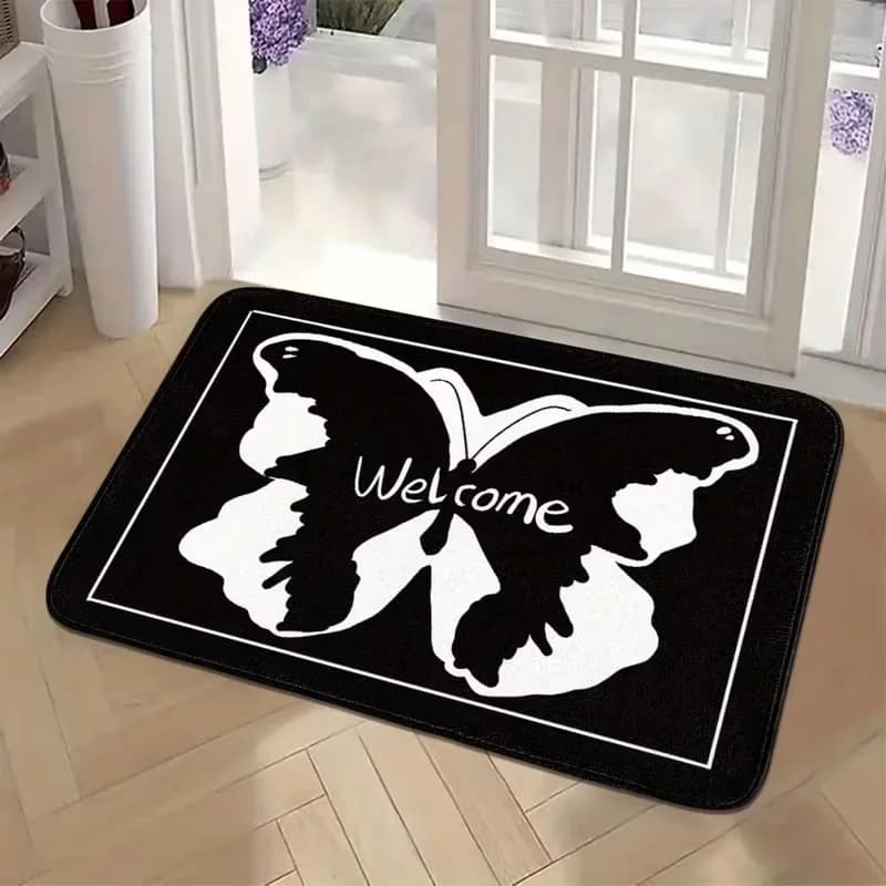 Black White Butterfly Welcome Letter Doormat Simple Border Design Non Slip Front Door Mat Minimalist Print Welcome Rug