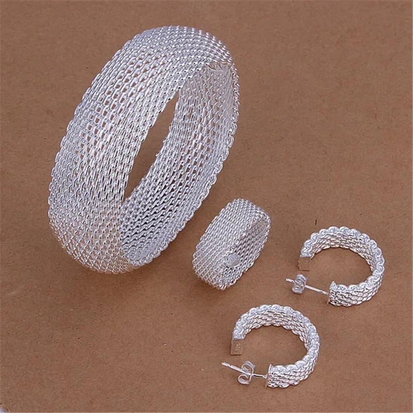 Size6-10 Charm 925 Sterling Silver Bangle Rings Earrings Bracelets Jewelry Set Hot Fine Weave Net Fashion Party Christmas Gifts