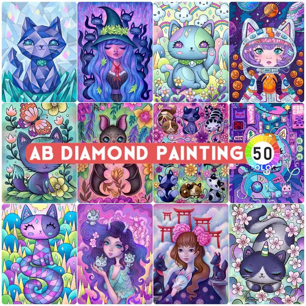 Diamond Painting AB Northern Lights Magic Cat Magic Girl Mosaic Embroidery 5D DIY 2024 New Arrival Set Crafts Gift Home Decor