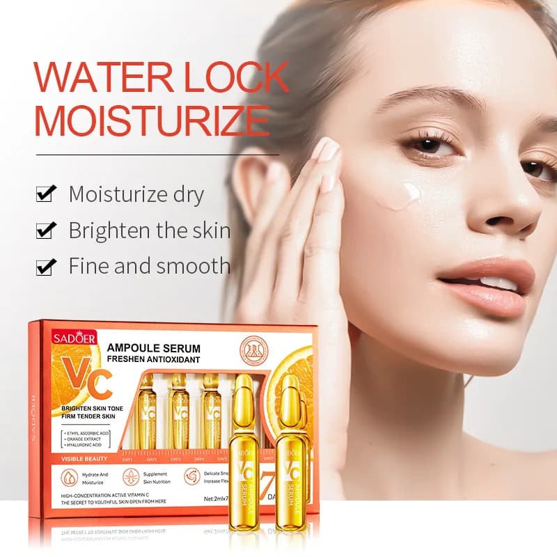 SADOER Set di Fiale alla Vitamina C 2mlX7, Siero Viso Antirughe e Rassodante, Idratante, Levigante, Illuminante e Antiossidante per la Cura della Pelle
