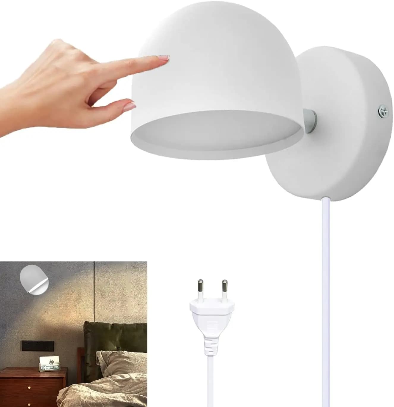 Lampada da Parete LED per Interni con Dimmer Touch 350 ° Applique da Parete Orientabile Bianca e Nera per Hotel, Corridoio, Camera da Letto, Comodino, Lettura