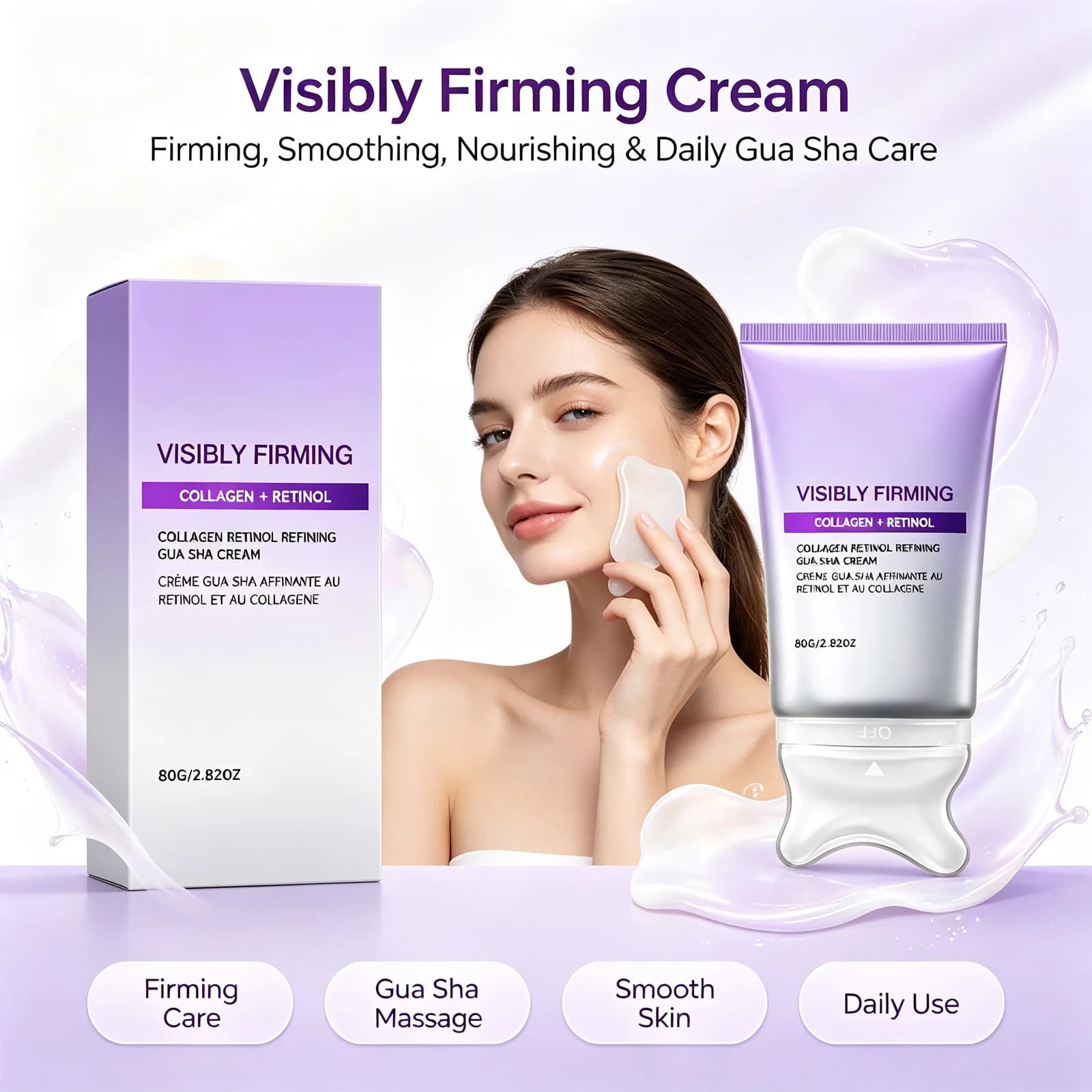 Instant Retinol Collagen Gua Sha Massage Cream Firming Plumping Brightening Built-in Brush Smooth Fine Lines Skin Face 80g