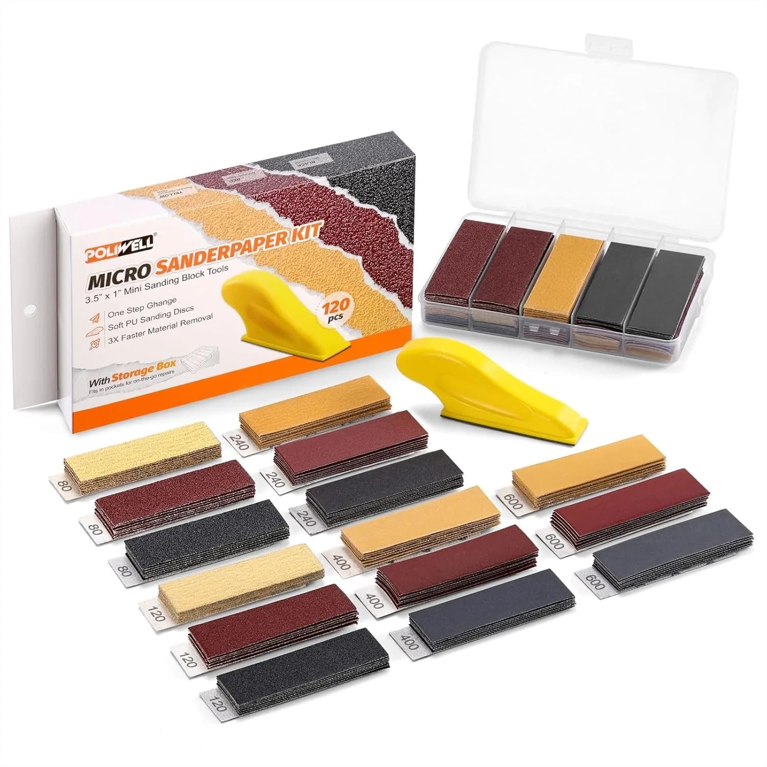Kit di Carta Abrasiva per Micro-Smerigliatura con Scatola Portaoggetti, Confezione Assortita da 120 Pezzi per Spazi Stretti in Legno, Blocco Abrasivo Pratico per Piccoli Lavori