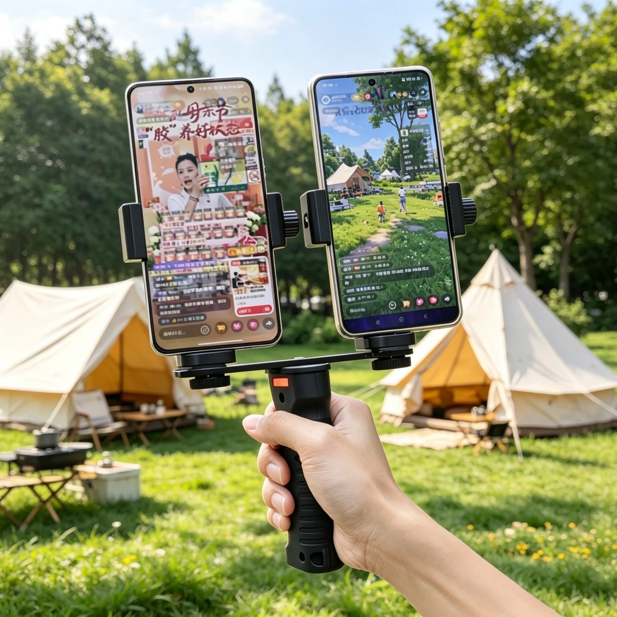 Dual Phone Holder Mount with Gimbal Stabilizer & Tripod | Adjustable Handheld Live Streaming Stand for TikTok Video Recording