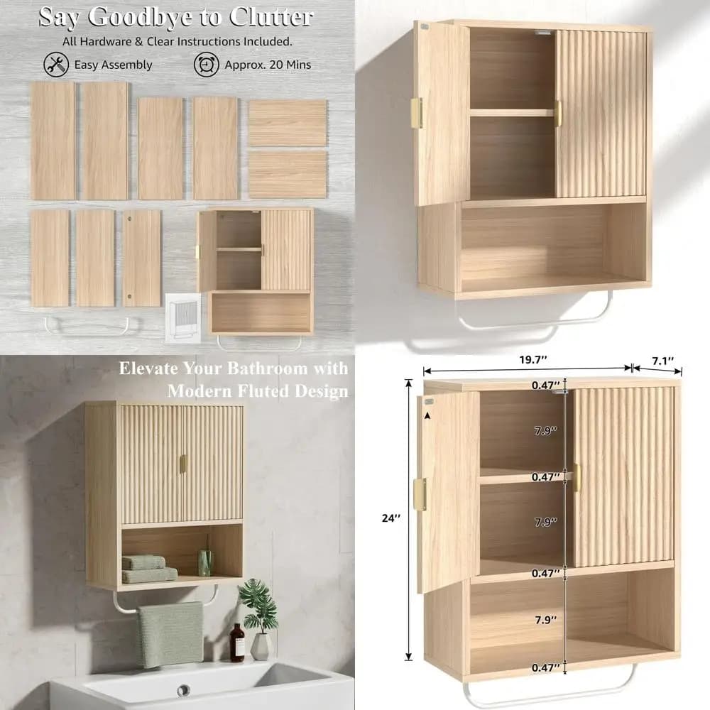 Mobiletto da parete rustico in rovere sopra il lavello con design scanalato e portasciugamani