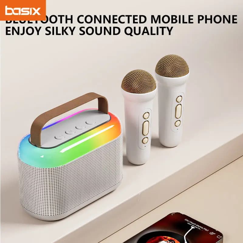 Basix Y3 Set microfono con altoparlante Bluetooth portatile a doppio grano, altoparlante Bluetooth a luce colorata con macchina per karaoke domestica