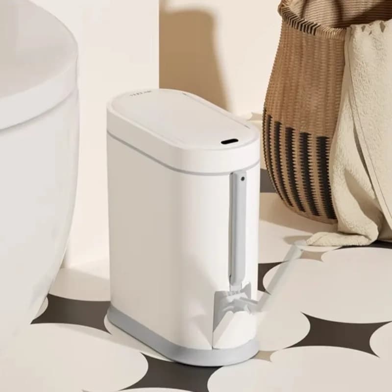 Cestino Automatico con Sensore, Sottile e Moderno, per Bagno, con Porta Scopino, Contenitore Touchless in Plastica per Casa, Ufficio, Cucina