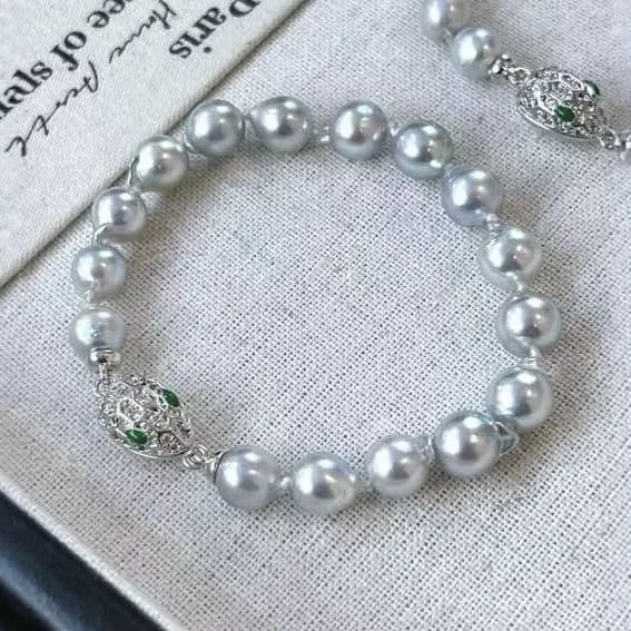 Bracciale in argento sterling S925 con perle barocche Akoya naturali argento-blu grigio - Gioielli con perle d'acqua di mare da 7-8 mm