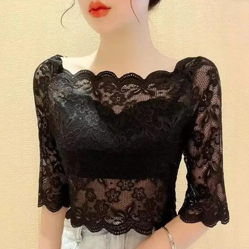 Top in pizzo da donna Top corto estivo Colletto con una parola Camicetta a mezza manica Plaid floreale Top sexy trasparente Top pullover in pizzo ricamato