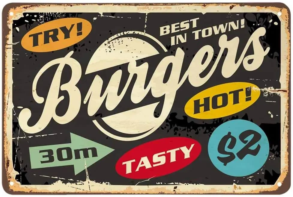 AOYEGO Burger Tin Sign,Hot Delicious Stain Oval Circle Arrow Geometric Retro Spotted Grain Dot Vintage Metal Signs for Cafes Bar