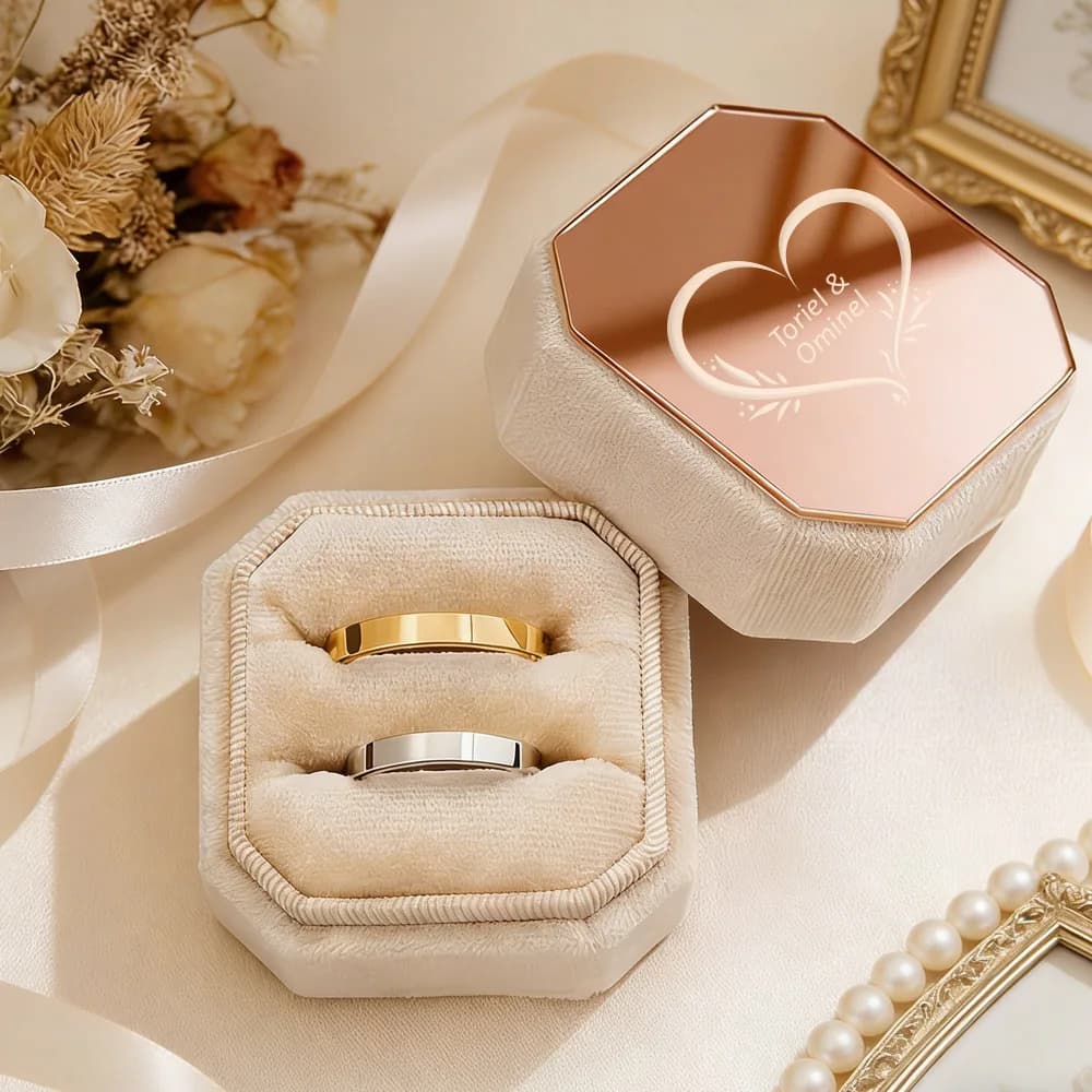 Custom Velvet Octagonal Ring Box with Engraving, 2 Parts with Custom Message, Luxurious Wedding Ring Door, Bridal Jewelry Display