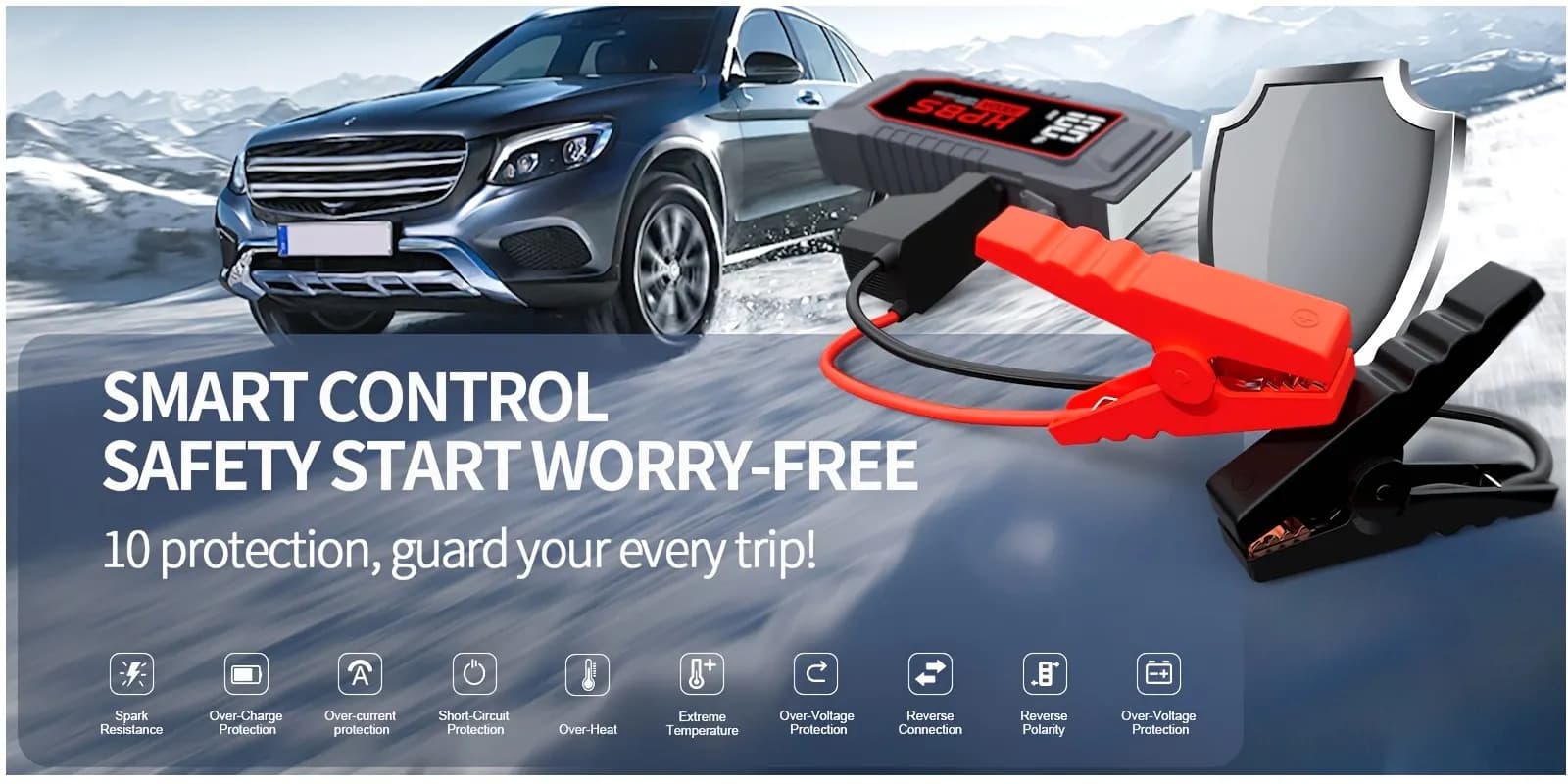 Portable 12V Car Jump Starter & Battery Charger for Cars, Motorcycles, SUVs, Lawn Mowers — Fast, Safe Boost for Dead Batteries; Built-in High-Capacity Power Bank, Dual USB Ports, Real-Time LED Display, Emergency Flashlight, and Essential Car Tools