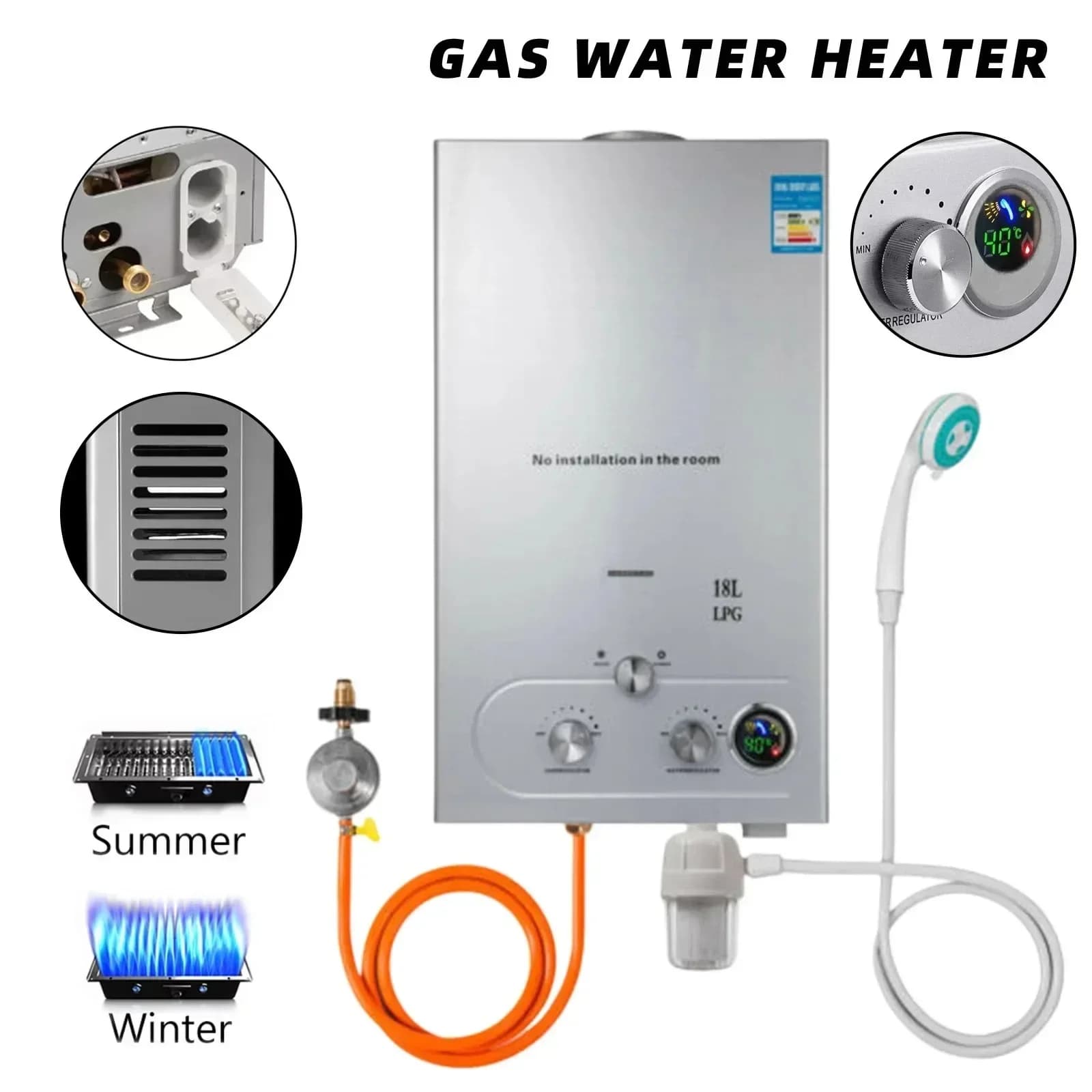 GPL 6L/8L/10L/12L/16L/18L Wasser Heizung 36KW Gas di petrolio liquefatto istantaneo Wasser heizung Edelstahl Kessel Kit portatile
