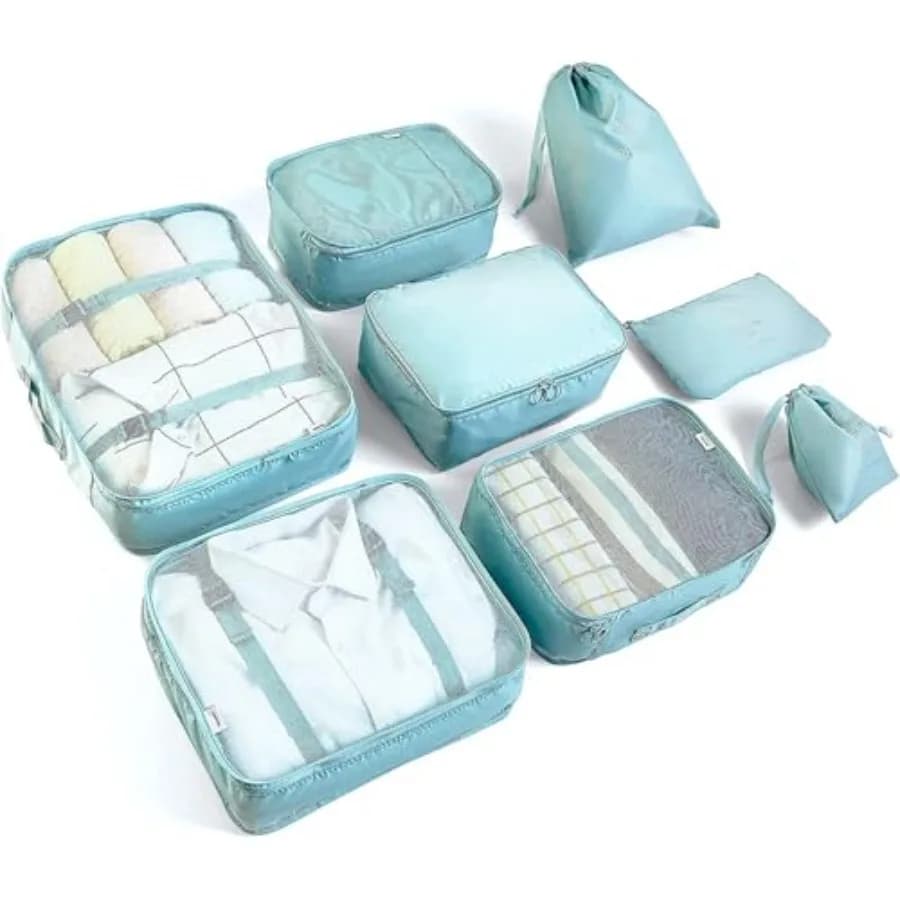 Set of 8 Cubes Organizers for Valigies, Travel Bag Organizers with Shoes Bag and Linen Bag in Light Blue for Travel