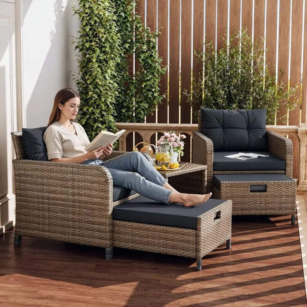 Set of 5 Pieces for Balcony/Patio in Rattan PE, Lounge chairs with cushions and 2 Ottoman - Glass or Plastic Table
