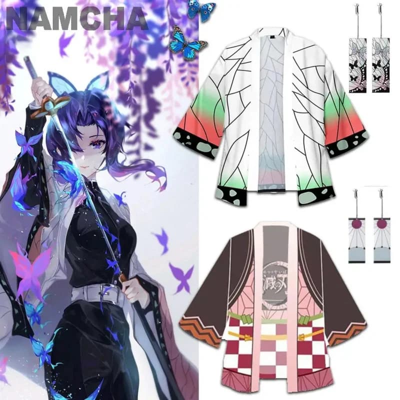 Anime Kamado Tanjirou Cosplay Costume Kamado Nezuko Giyuu Tomioka Kimono Mantle Cardigan Jacket with Ear Clip