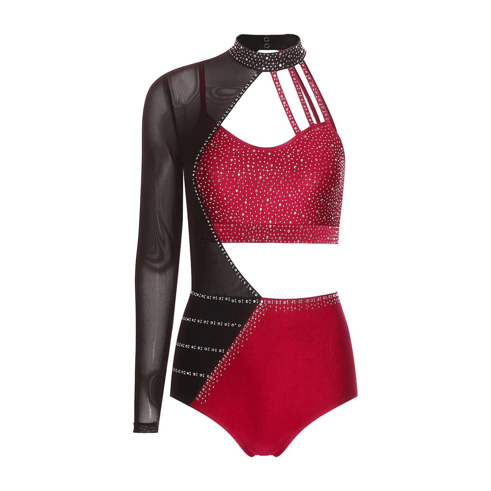 Body da Danza per Donna con Strass Luccicanti, Monospalla con Apertura, Costume per Ginnastica, Pattinaggio Artistico, Ballo Latino e Tango