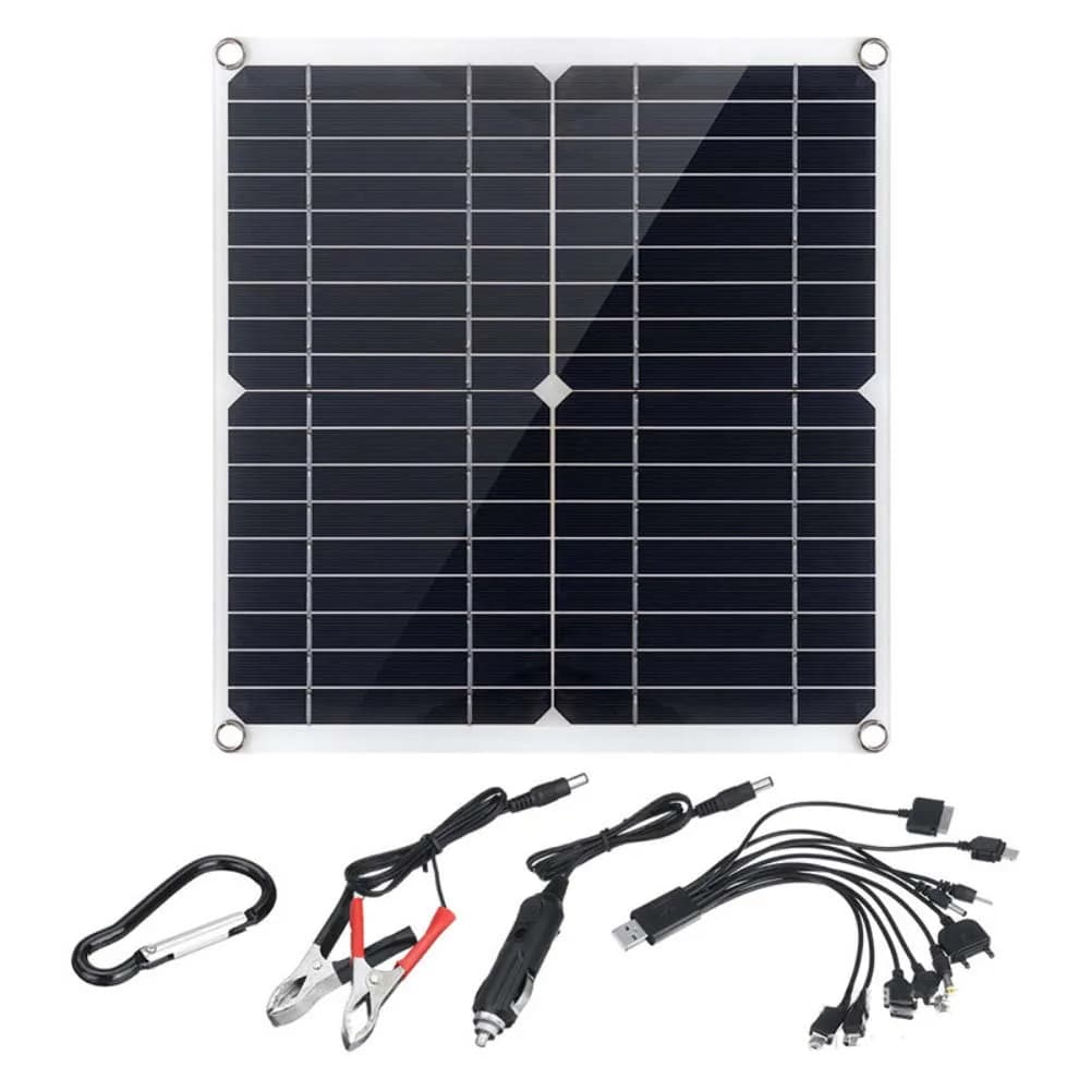 Pannello solare monocristallino da 50 W 18 V con doppia porta USB per caricabatterie da campeggio per auto, camper, barca, batteria da 12 V