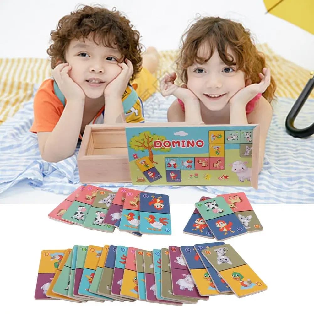 Giocattolo Educativo Set di Domino in Legno Blocchi di Costruzione Puzzle di Animali in Legno Domino Educativo per Bambini in Età Prescolare