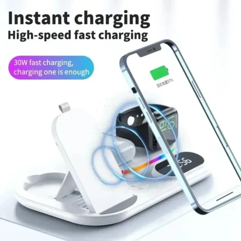 Wireless Phone Charger 15W Qi Certified Fast Charge Pad for iPhone 15 14 Samsung S24 Watch Earbuds Alarm Clock RGB Light