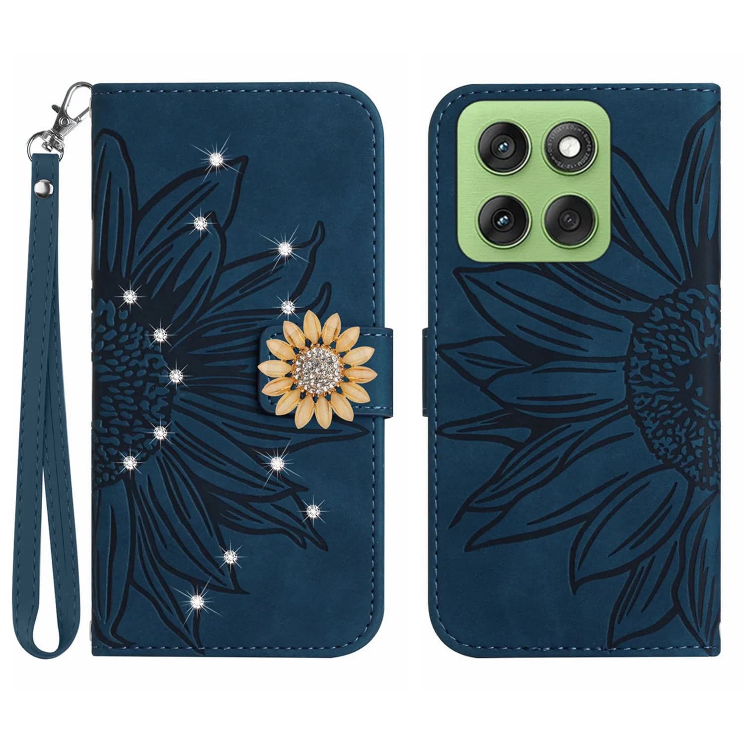 Custodia a Libro a Tracolla in Pelle con Motivo Girasole per OPPO Realme 11 Pro Plus 10 9 9i 8 8i 7 6 5, con Cordino e 3 Scomparti per Carte, Anti-Caduta, Flip Cover