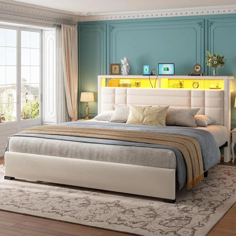 King Size Bed with Charging Station, LED Lights, 2 Level Container, Padded Platform, Metal Dow Support, Non-Required Seam Mesh