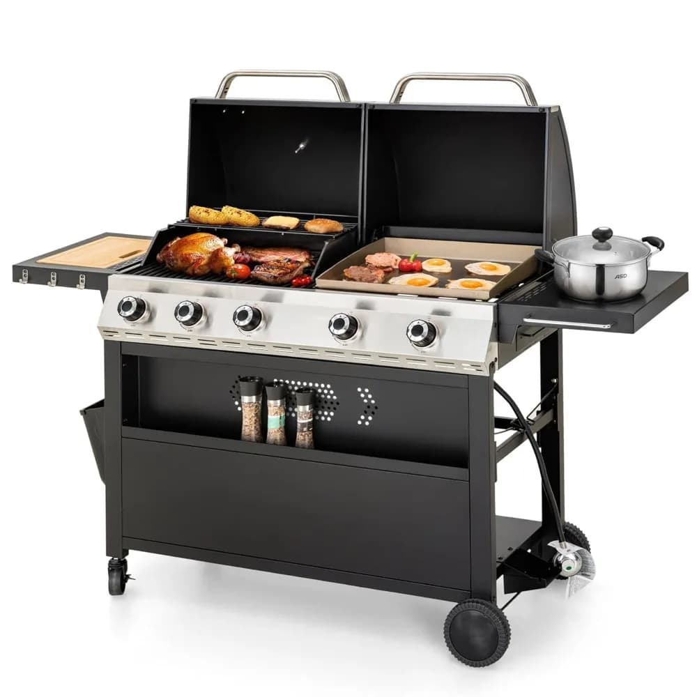 Griglia a Gas a 5 Bruciatori con Piastra, Griglie in Ghisa, Piano di Taglio, Doppio Coperchio, a Propano, per Cucina Esterna, Personalizzabile
