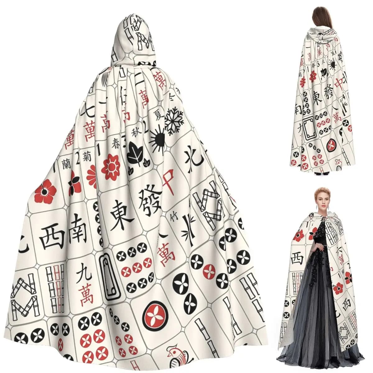 Mahjong Piastrella Modello Design Mantello lungo con cappuccio Strega Costume medievale Mantello cosplay Cappotto di Halloween Adulto unisex