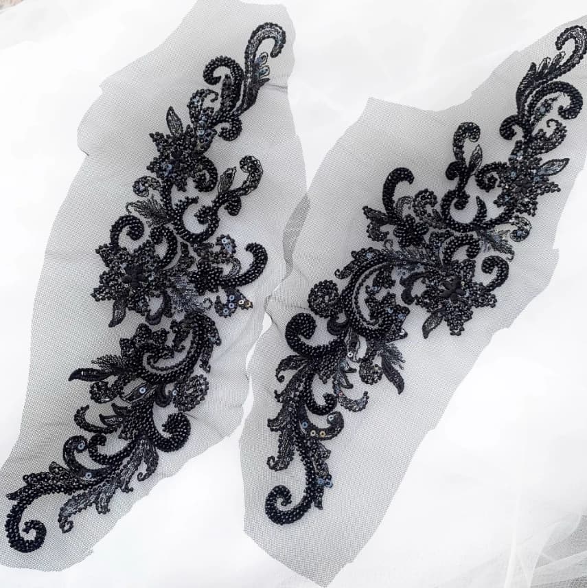 39,5 * 11 cm Fiore a specchio in pizzo con paillettes tempestate con motivo europeo, cucito a mano Abito da sposa fai da te Appliques per abbigliamento RS4356-2