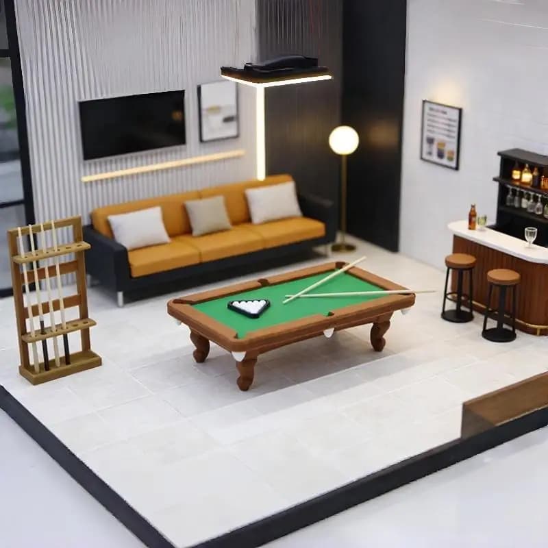 【Y】1 Set Billiard Model With Cue Rack Pretend Play Accessory 1:12 Dollhouse Mini Pool Table Furniture Kit For Diorama Decor