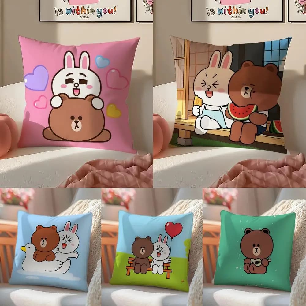 Nice Korean L-LINE FRIENDS cap with brown bear and rabbit, in short plush, with invisible zipper, for sofa or bedroom.