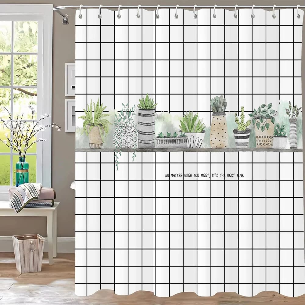 Tende da Doccia con Foglie di Piante Nordiche e Cactus, Stampa Floreale, Tenda da Bagno Decorativa Resistente agli Schizzi, Divisorio per Vasca